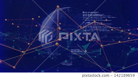 Animating semi-transparent dotted globe with orange nodes and lines in cyber display, teal meshes Animating semi-transparent dotted globe with orange nodes and lines in cyber display, teal meshes 142189659