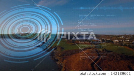 Receiving signal, onboard HUD scanning rocky peninsula at coastal bay, projecting rings Receiving signal, onboard HUD scanning rocky peninsula at coastal bay, projecting rings 142189661