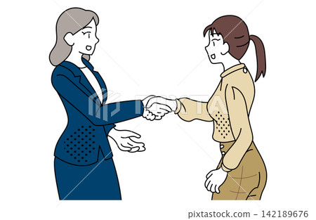 A business illustration of two women shaking hands. A business illustration of two women shaking hands. 142189676