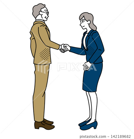 A business illustration depicting an elderly man and a young woman politely shaking hands. A business illustration depicting an elderly man and a young woman politely shaking hands. 142189682