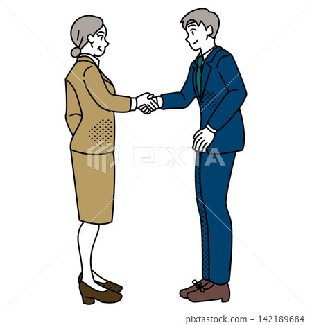 A business illustration depicting an elderly woman and a young man politely shaking hands. 142189684