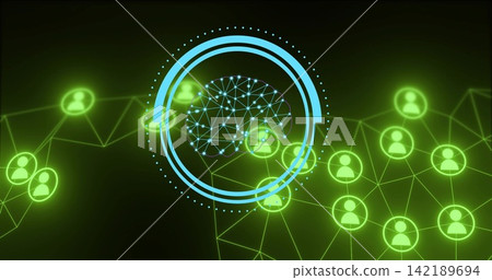 Displaying central blue HUD showing neural brain network in dark network, with neon green nodes Displaying central blue HUD showing neural brain network in dark network, with neon green nodes 142189694