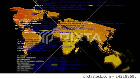 Displaying glowing gold orange world map on black canvas, showing code overlays and node markers Displaying glowing gold orange world map on black canvas, showing code overlays and node markers 142189695
