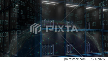 Showing central server racks projecting digital network globe over data center with LED lights Showing central server racks projecting digital network globe over data center with LED lights 142189697