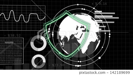 Displaying white globe centered on grid dashboard, overlaying neon green shield and binary code Displaying white globe centered on grid dashboard, overlaying neon green shield and binary code 142189699