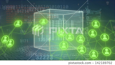 Floating wireframe cube showing barcode, code and neon links in digital plane, with neon avatars Floating wireframe cube showing barcode, code and neon links in digital plane, with neon avatars 142189702
