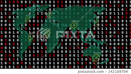 Displaying green world map on black binary field, showing yellow clocks, city labels, timestamps Displaying green world map on black binary field, showing yellow clocks, city labels, timestamps 142189704
