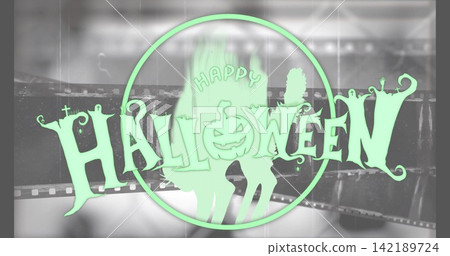 Showing mint emblem with HALLOWEEN text sitting on gray filmstrip, with pumpkin O, witch silhouette Showing mint emblem with HALLOWEEN text sitting on gray filmstrip, with pumpkin O, witch silhouette 142189724