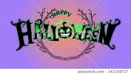 Displaying HAPPY HALLOWEEN logo glowing neon green on purple pink backdrop with pumpkin O and bats 142189727