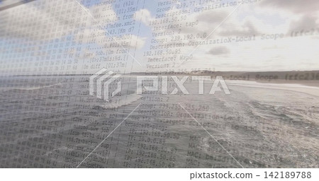 Showing coastal scene, choppy wake heading toward horizon at waterline, with overlay of IP logs 142189788