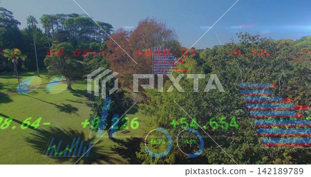 Capturing drone-view showing manicured lawn, reddish tree, palms and evergreens in park with AR HUD Capturing drone-view showing manicured lawn, reddish tree, palms and evergreens in park with AR HUD 142189789