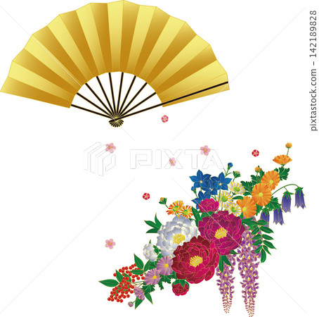 Traditional Japanese seasonal flowers and a golden fan. Japanese-style vector background material. Traditional Japanese seasonal flowers and a golden fan. Japanese-style vector background material. 142189828