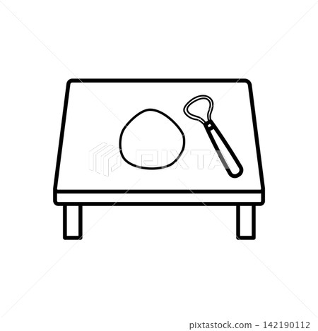 Line art icon showing a potter's workbench with a ball of clay and a carving tool. Line art icon showing a potter's workbench with a ball of clay and a carving tool. 142190112