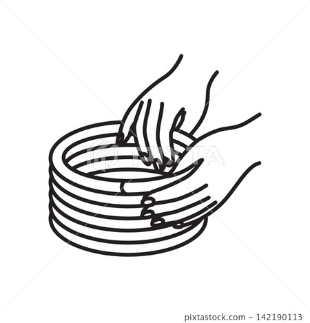 Line art icon depicting hands layering clay coils to build a ceramic vessel. Line art icon depicting hands layering clay coils to build a ceramic vessel. 142190113