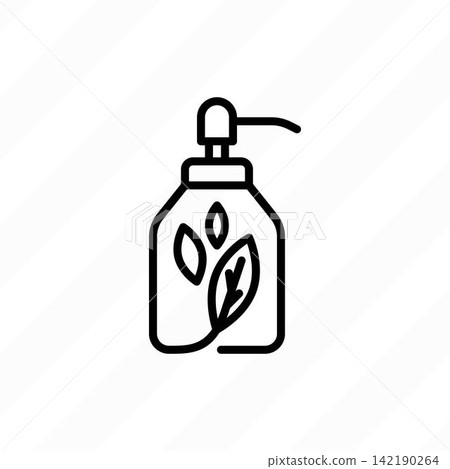 Organic cosmetics thin line icon: glass bottle with dispenser and leaf sign. Modern vector illustration for beauty shop. Organic cosmetics thin line icon: glass bottle with dispenser and leaf sign. Modern vector illustration for beauty shop. 142190264