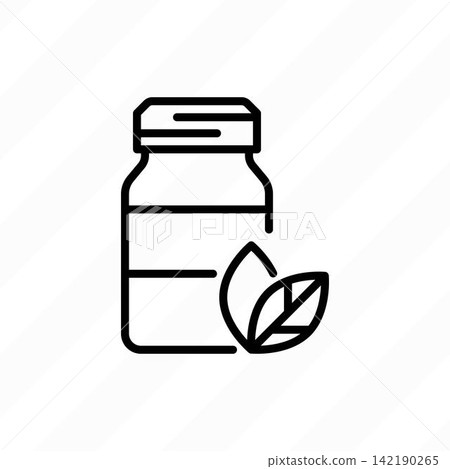 Vegan beauty thin line icon: glass bottle with leaf. Modern vector illustration for organic shop. Vegan beauty thin line icon: glass bottle with leaf. Modern vector illustration for organic shop. 142190265