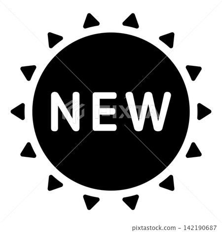 「NEW」標誌,太陽形狀,單色,白色文字,透明背景。 「NEW」標誌,太陽形狀,單色,白色文字,透明背景。 142190687