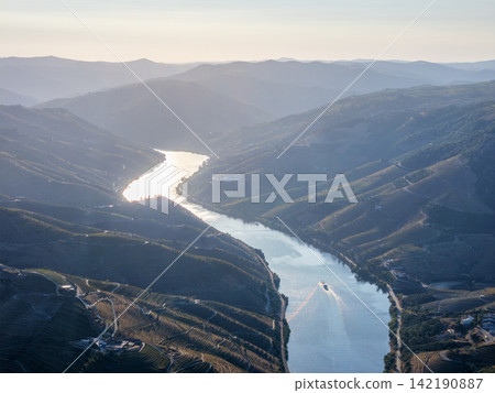Panoramic Douro River and Vineyard Hills Portugal Panoramic Douro River and Vineyard Hills Portugal 142190887