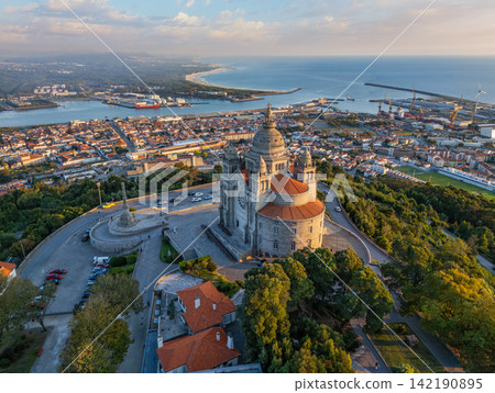 Santa Luzia Sanctuary aerial sunset panorama in Viana do Castelo, Portugal. Santa Luzia Sanctuary aerial sunset panorama in Viana do Castelo, Portugal. 142190895