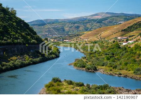 Douro River and Douro Valley bridge vineyards in Portugal daytime Douro River and Douro Valley bridge vineyards in Portugal daytime 142190907