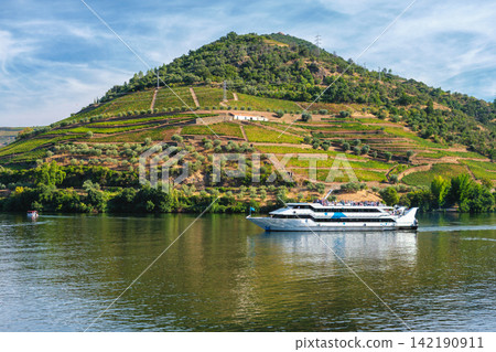Cruise Boat on the Douro River Below Vineyards in Regua Cruise Boat on the Douro River Below Vineyards in Regua 142190911