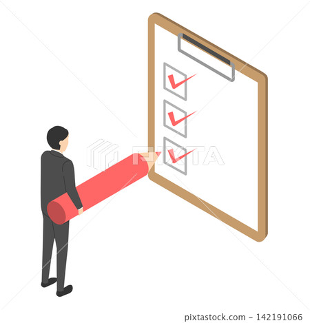 A male office worker using an isometric checklist. A male office worker using an isometric checklist. 142191066