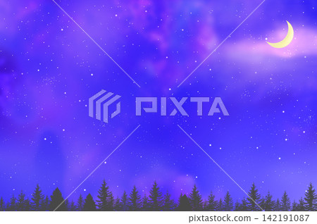 Background illustration featuring a crescent moon, forest, and starry sky. Background illustration featuring a crescent moon, forest, and starry sky. 142191087