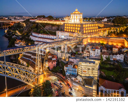 Night Drone View of Mosteiro da Serra do Pilar and bridge Night Drone View of Mosteiro da Serra do Pilar and bridge 142191102