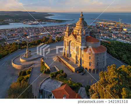 Aerial sunrise of Santa Luzia sanctuary above Viana do Castelo Aerial sunrise of Santa Luzia sanctuary above Viana do Castelo 142191318