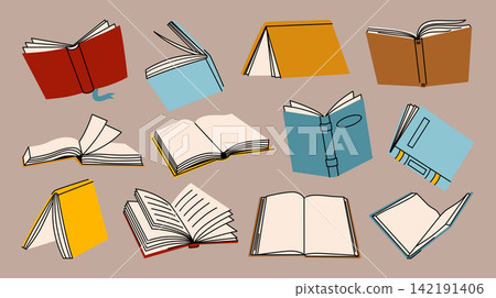 Hand drawn books in different shapes. Open books and covers, blank pages, notebooks, hardcover volumes. Cartoon vector illustration set for reading, literature, education, school, library, publishing. Hand drawn books in different shapes. Open books and covers, blank pages, notebooks, hardcover volumes. Cartoon vector illustration set for reading, literature, education, school, library, publishing. 142191406