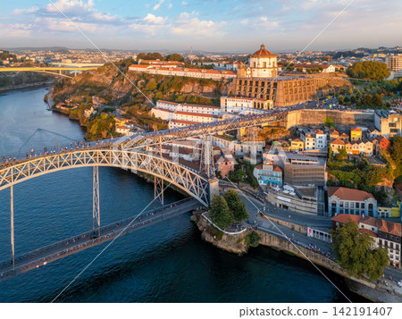 Aerial View of Serra do Pilar monastery and Dom Luis I Bridge 142191407