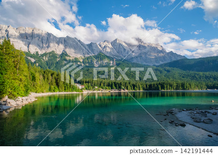 Panoramic view of Eibsee lake and Zugspitze mountain peaks in Bavaria Germany 142191444