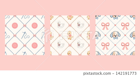 Cute pastel hand drawn diamond pattern set with animals bows and sewing Cute pastel hand drawn diamond pattern set with animals bows and sewing 142191773