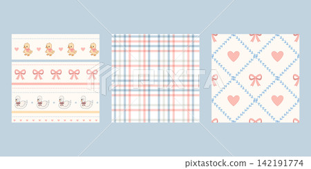 Soft pastel cartoon baby pattern set with ducklings swans plaid hearts Soft pastel cartoon baby pattern set with ducklings swans plaid hearts 142191774