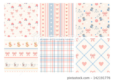 Coquette pastel cartoon pattern set combines bows roses sewing and plaid with animals hearts ribbons buttons thread and botanical diamonds Coquette pastel cartoon pattern set combines bows roses sewing and plaid with animals hearts ribbons buttons thread and botanical diamonds 142191776