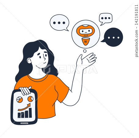 Woman Consulting With AI Robot Chatbot Assistant Asking Solution Holding Tablet Financial Analytics. Female Business Character Digital Marketing Strategy. Color Doodle Hand Drawn. Vector Illustration. Woman Consulting With AI Robot Chatbot Assistant Asking Solution Holding Tablet Financial Analytics. Female Business Character Digital Marketing Strategy. Color Doodle Hand Drawn. Vector Illustration. 142191811