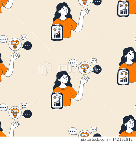 Woman Business Analytics And AI Robot Chatbot Seamless Pattern On Beige Background. Female Entrepreneur With Tablet, Financial Strategy Graph. Repeating Texture Hand Drawn Doodle. Vector Illustration. Woman Business Analytics And AI Robot Chatbot Seamless Pattern On Beige Background. Female Entrepreneur With Tablet, Financial Strategy Graph. Repeating Texture Hand Drawn Doodle. Vector Illustration. 142191812