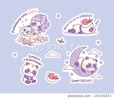 Cute Panda Sticker Planner Set. Kawaii Bear Bathing In Foam With Towel. Sleeping In Santa Hat, Sitting Mascot, And Resting On Moon With Clouds And Stars. Holiday And Relaxation. Vector Illustration. 142191815