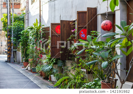 Potted plants and magnolia flowers next to the wooden shopfronts on Dihua Street Potted plants and magnolia flowers next to the wooden shopfronts on Dihua Street 142191982