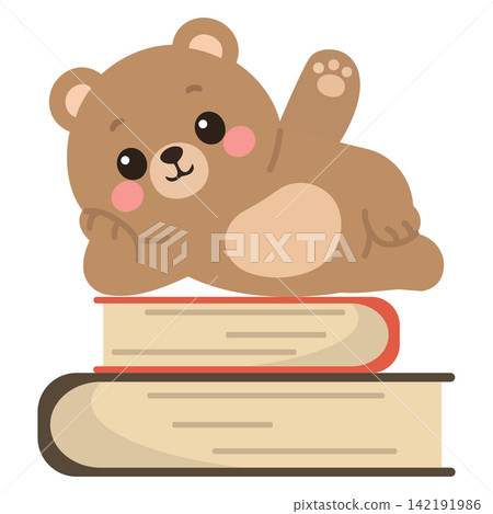 Brown teddy bear resting on book stack Brown teddy bear resting on book stack 142191986