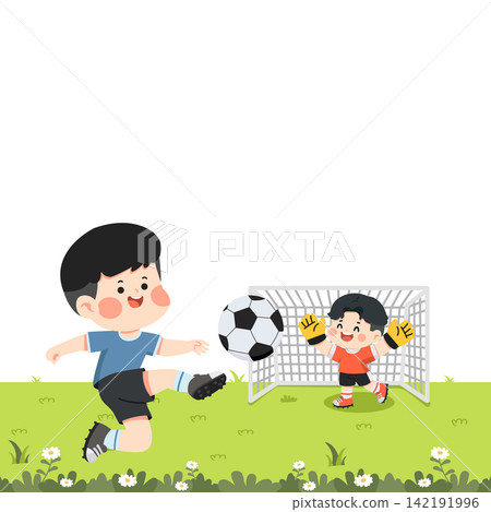 Young boys playing soccer on green field Young boys playing soccer on green field 142191996