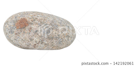 Gray round natural river stone of oval shape with heterogeneous composition, spotted inclusions of red, white, black, isolated on white background with clipped path. Empty copy space Gray round natural river stone of oval shape with heterogeneous composition, spotted inclusions of red, white, black, isolated on white background with clipped path. Empty copy space 142192061