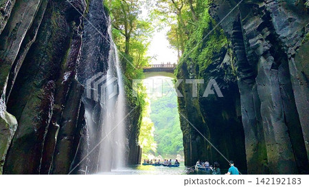 The spray from Manai Falls reflects off the fresh greenery of the columnar jointed rocks along the Gokase River (Takachiho Gorge/Takachiho Town, Nishiusuki District, Miyazaki Prefecture). The spray from Manai Falls reflects off the fresh greenery of the columnar jointed rocks along the Gokase River (Takachiho Gorge/Takachiho Town, Nishiusuki District, Miyazaki Prefecture). 142192183