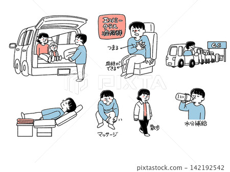 Illustration set for car camping evacuation and preventing deep vein thrombosis (prevention, massage, and horizontal sleeping position) Illustration set for car camping evacuation and preventing deep vein thrombosis (prevention, massage, and horizontal sleeping position) 142192542