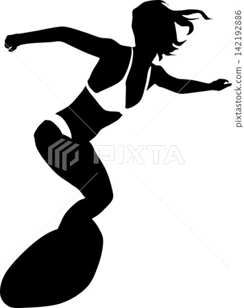 Silhouette illustration of a woman surfing on rough waves 142192886