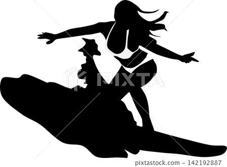 Silhouette illustration of a woman surfing on rough waves Silhouette illustration of a woman surfing on rough waves 142192887
