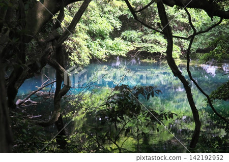 A mystical blue pond nestled in a lush green forest: Maruike Pond in Yuza Town, Yamagata Prefecture A mystical blue pond nestled in a lush green forest: Maruike Pond in Yuza Town, Yamagata Prefecture 142192952