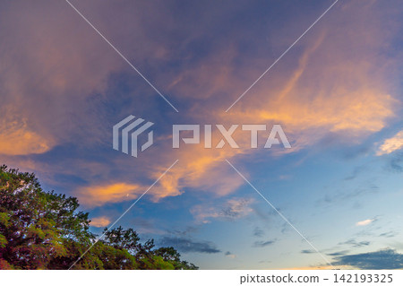 夕陽西下，雲彩鋪滿天空，構成了一幅絕美的夏日景象。 142193325