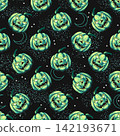 Seamless pattern with mysterious Halloween pumpkin head, night sky behind. Surreal creepy illustration. Scattered objects on black background. Vintage style. 142193671