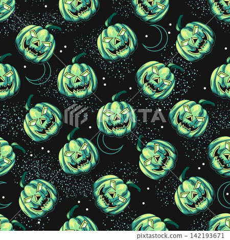 Seamless pattern with mysterious Halloween pumpkin head, night sky behind. Surreal creepy illustration. Scattered objects on black background. Vintage style. Seamless pattern with mysterious Halloween pumpkin head, night sky behind. Surreal creepy illustration. Scattered objects on black background. Vintage style. 142193671